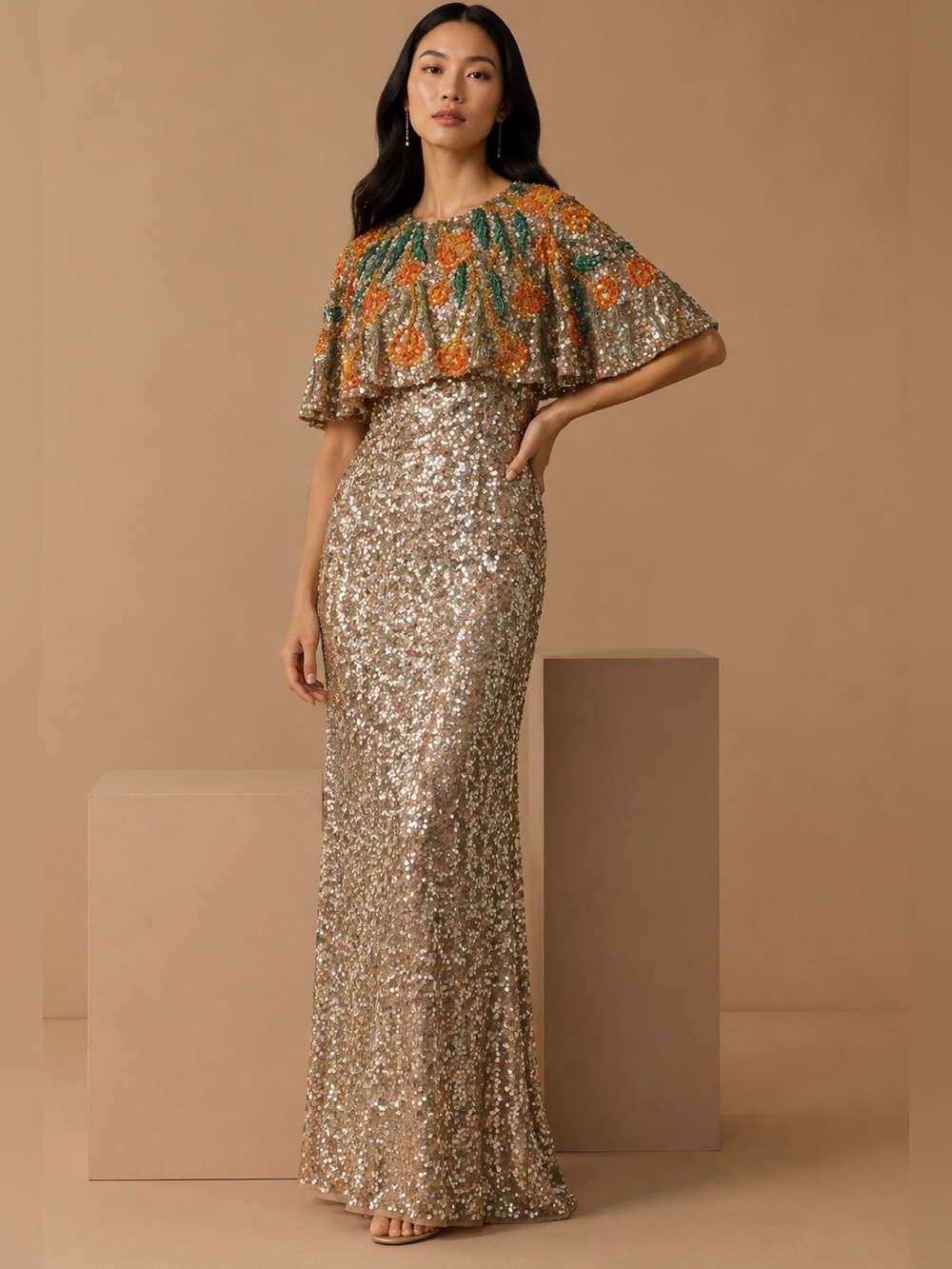 NWT Mac Duggal Gold Embellished Gown 6120 With Floral Beaded Cape 8 & 4